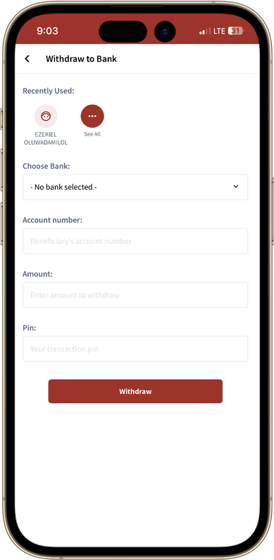 Withdraw to bank screenshot